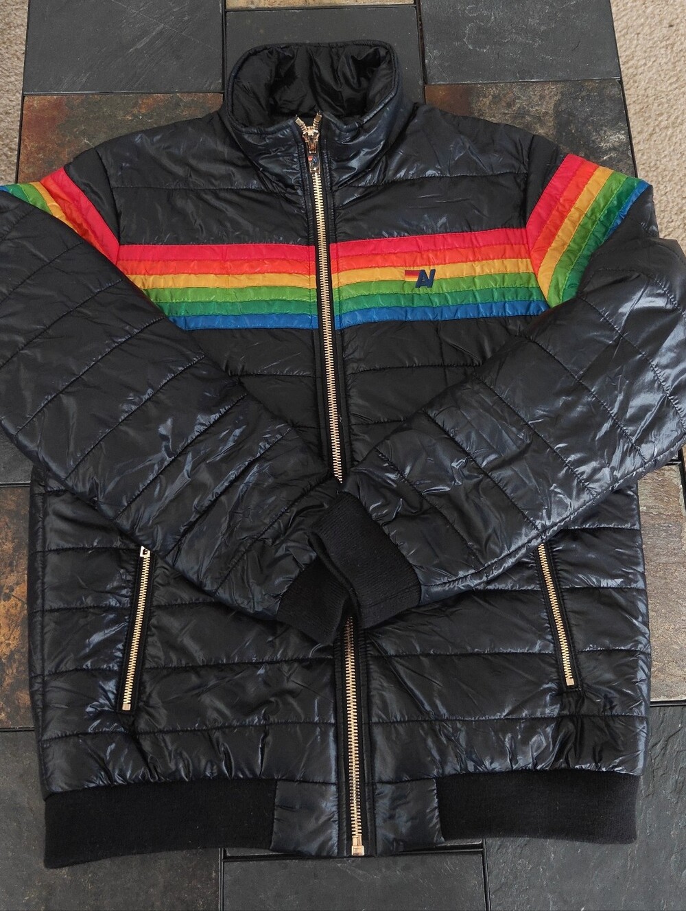 Aviator Nation  Rainbow Stripe Puffer Jacket – Black – Size L - Picture 2 of 8